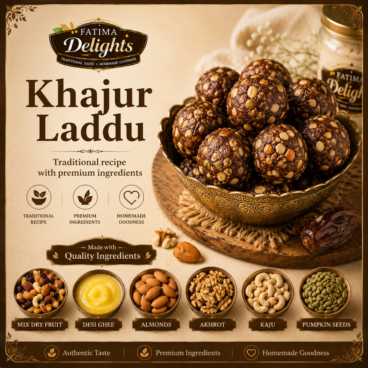 Khajur k Laddu | 500g, 1kg pack | Mix Dry Fruit, Khajur, Desi Ghee, Badam, Akhrot, Kaju, Pumpkin Seeds, White Til | Freshly Prepared | Safely Packed